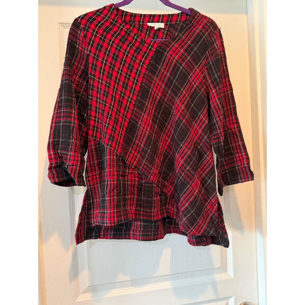 Habitat Wearable Art to Wear Red Plaid Lagenlook Artsy Blouse Shirt Top small